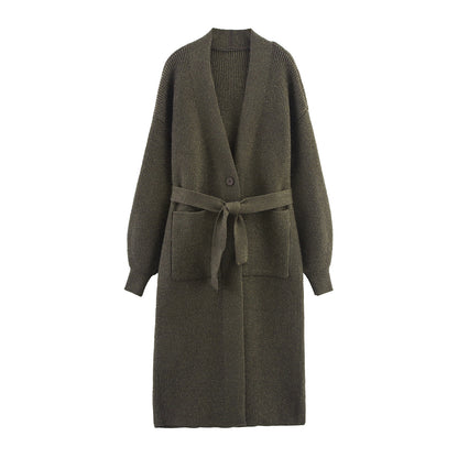 Women's Long Cardigan with Tie Belt, Patch Pockets and Deep V-Neck EVA-US