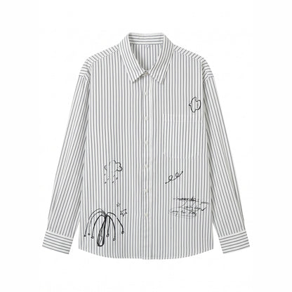 Women's oversized shirt blouse made of cotton blend with pinstripes, chest pocket, and doodle print EVA-US