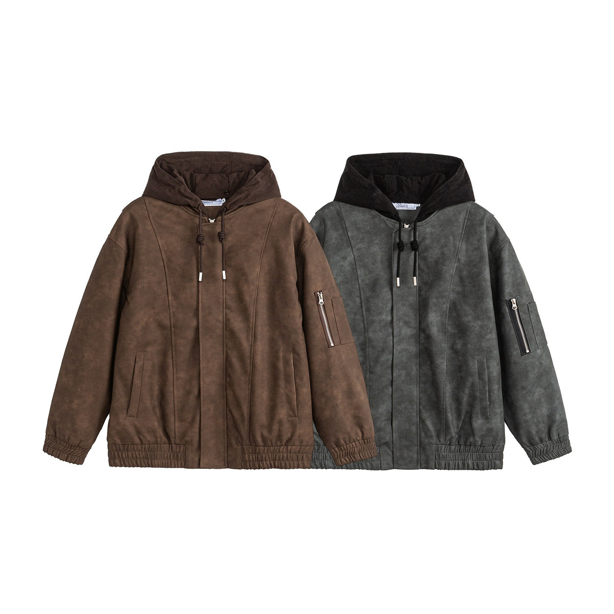 Unisex Boxy-padded Hooded Bomber Jacket with Velour Look, Cord Collar and Sleeve Zipper EVA-US
