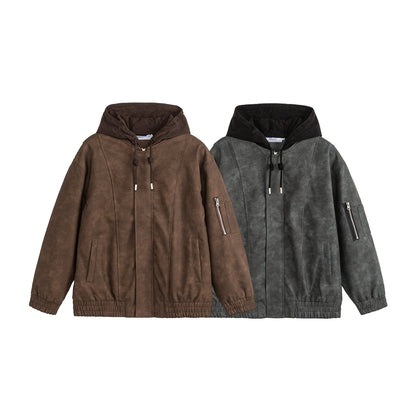 Unisex Boxy-padded Hooded Bomber Jacket with Velour Look, Cord Collar and Sleeve Zipper EVA-US