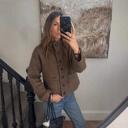 Women's short jacket made of fluffy mohair mix with button placket & patch pockets EVA-US