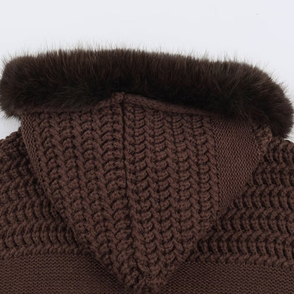 Women's chunky knit cardigan with zipper and faux fur hood EVA-US
