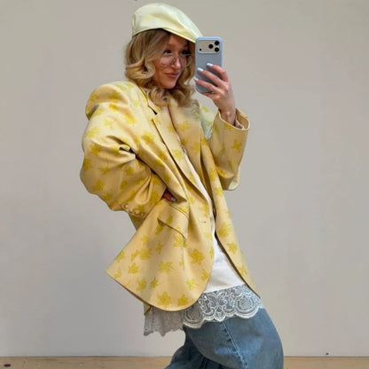Women's Oversized Blazer made of floral jacquard with a distinctive shoulder area EVA-US
