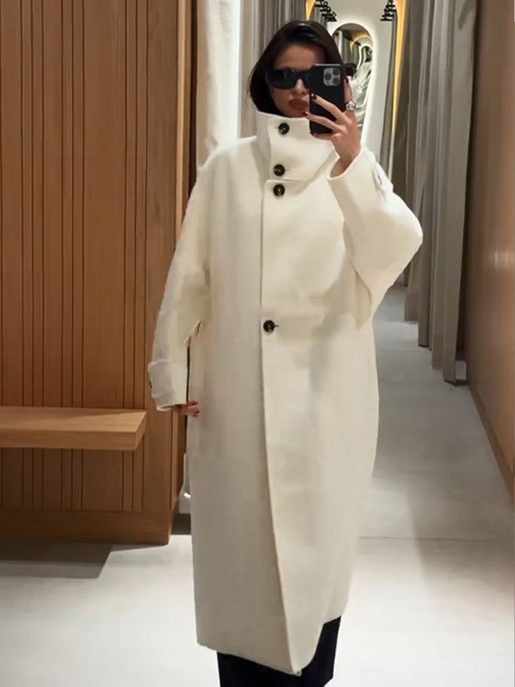 Women's Oversize Wool Blend Coat with Asymmetrical Cut and High Stand Collar EVA-US