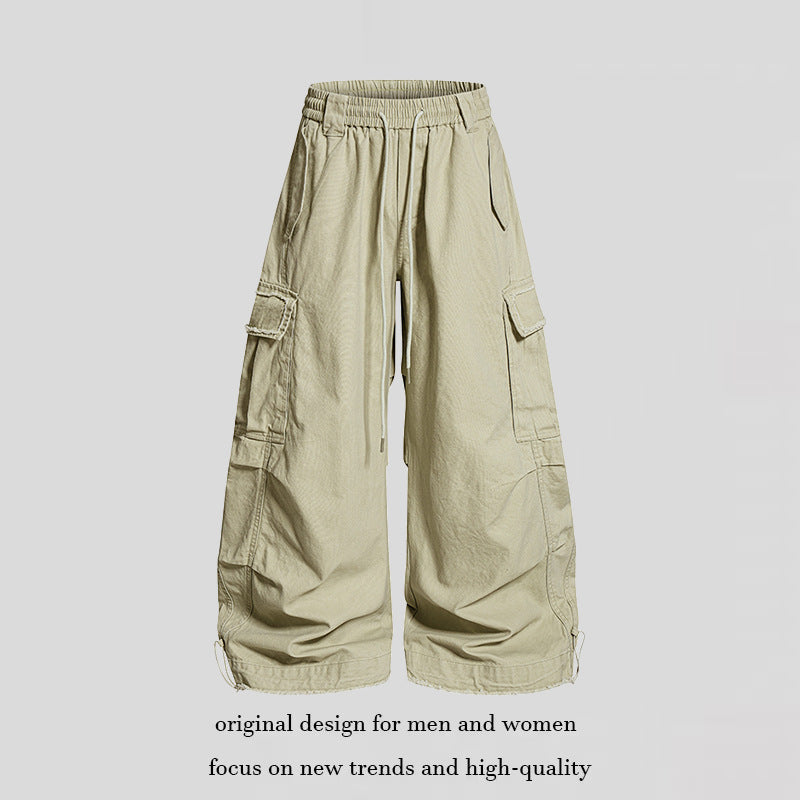 Women's Wide Cargo Pants with Elastic Waistband, Cargo Pockets, and Adjustable Hem EVA-US
