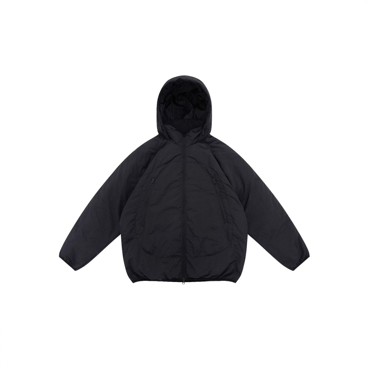 Unisex Voluminous Hooded Insulation Jacket in Boxy Cut with Concealed Zipper Pockets EVA-US