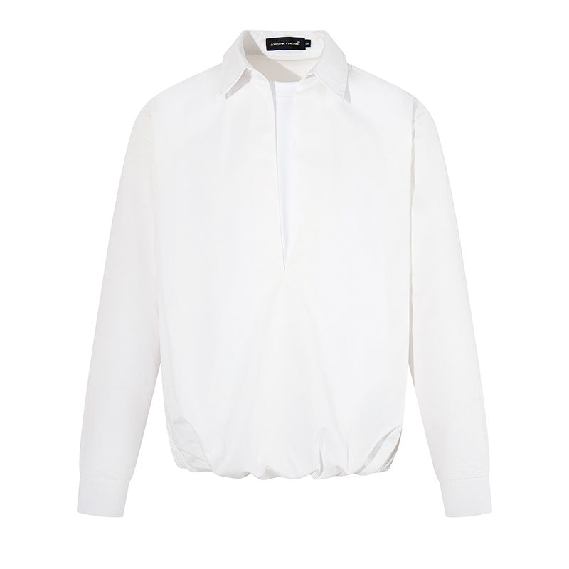 Women Elegant Blouse with concealed V-slit front, shirt collar and elastic hem