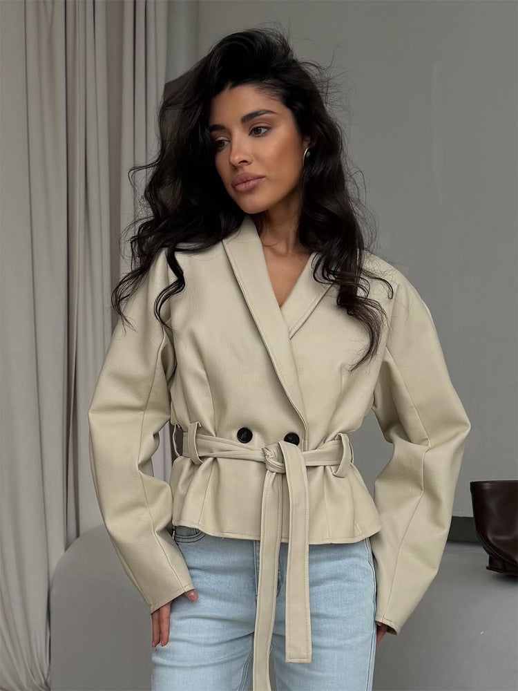 Women's Tailored Faux Leather Jacket with Peplum, Tie Belt & Shawl Collar EVA-US