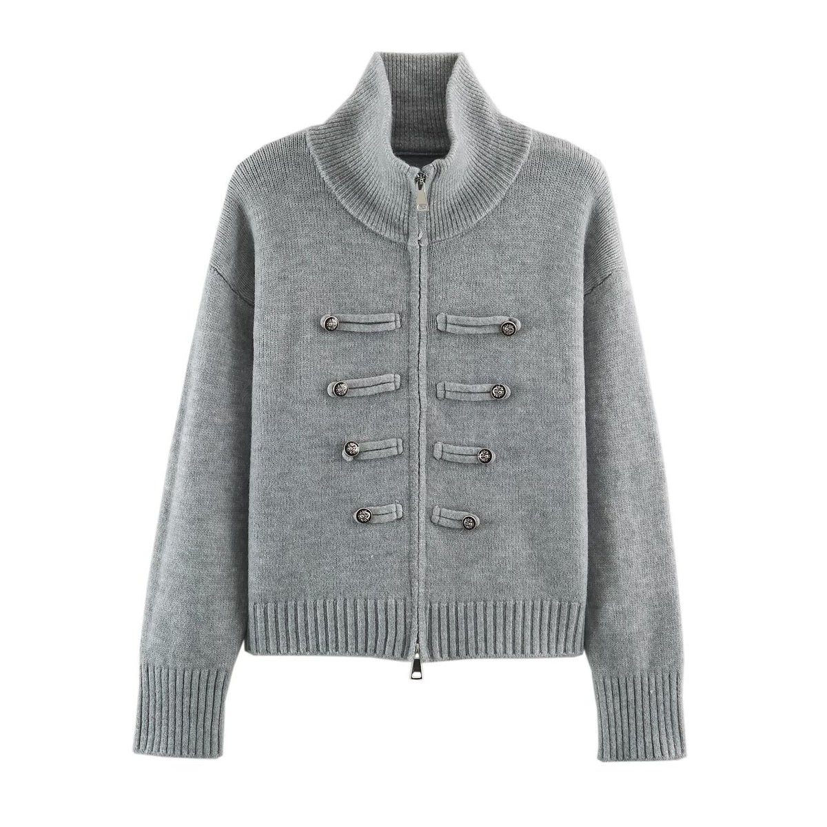 Women's cardigan with zipper, high stand-up collar, and decorative button plackets EVA-US