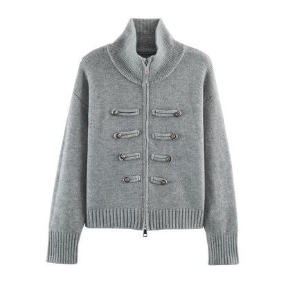 Women's cardigan with zipper, high stand-up collar, and decorative button plackets EVA-US