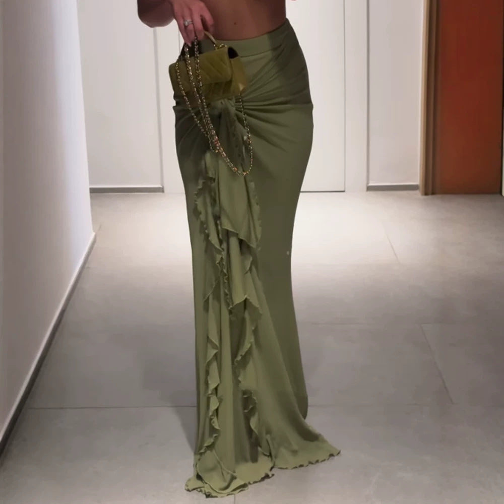 Women High-Waisted Maxi Skirt with Asymmetrical Gather, Knot Detail and Ruffle Split EVA-US
