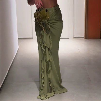 Women High-Waisted Maxi Skirt with Asymmetrical Gather, Knot Detail and Ruffle Split EVA-US