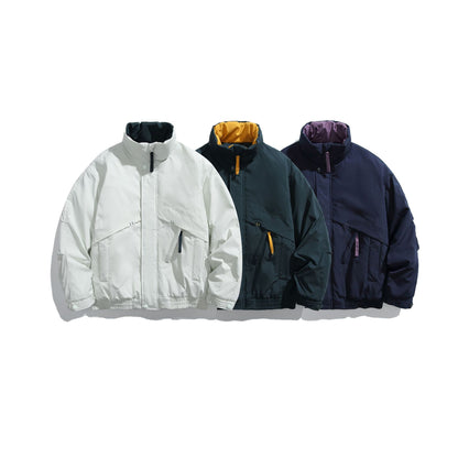 Unisex Short Cut Padded Boxy Bomber Jacket with High Stand-up Collar and Diagonal Flap Pockets EVA-US