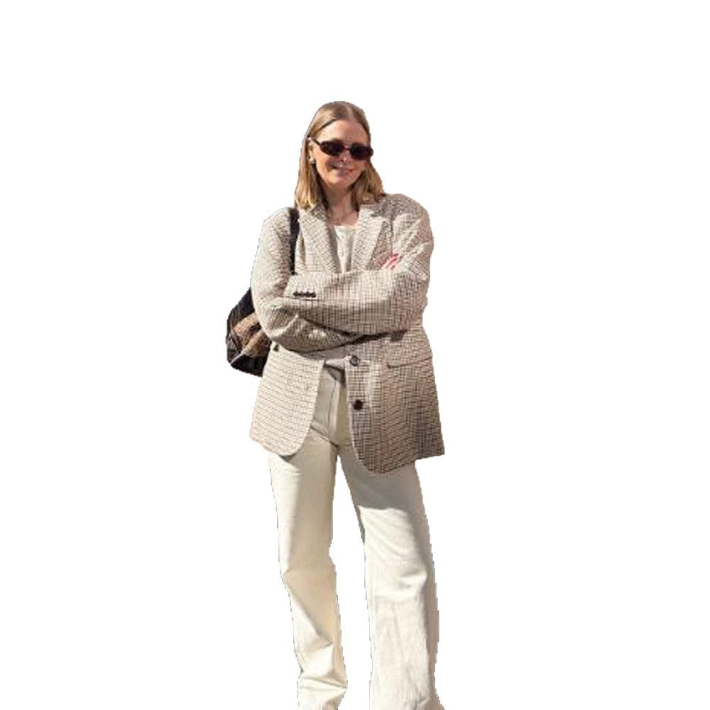 Women Oversize Glencheck Blazer with Boxy Silhouette and Patch Pockets EVA-US