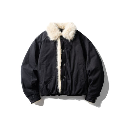 Unisex Short-cut Boxy Bomber Jacket with Faux Fur Trim and Button Placket EVA-US