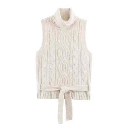 Women's Sleeveless Cable Knit Vest with Roll Neck and Ties EVA-US