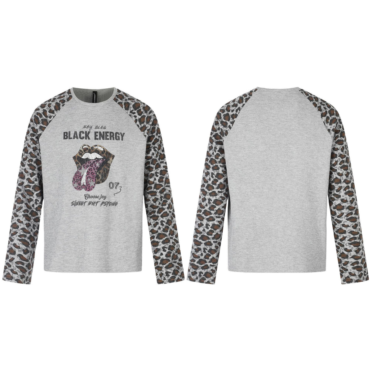 Women's Casual Long Sleeve Shirt with Raglan Sleeves, Leopard Sleeves and Statement Print EVA-US
