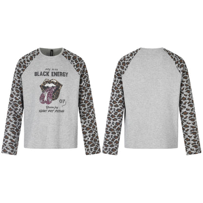 Women's Casual Long Sleeve Shirt with Raglan Sleeves, Leopard Sleeves and Statement Print EVA-US
