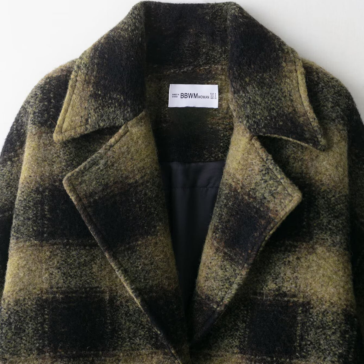 Women's Oversized Wool Blend Coat with Check Pattern, Notched Collar and Patch Pockets EVA-US
