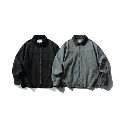 Men's Boxy Canvas Blouson Jacket with Cord Collar and Full-Length Zipper EVA-US