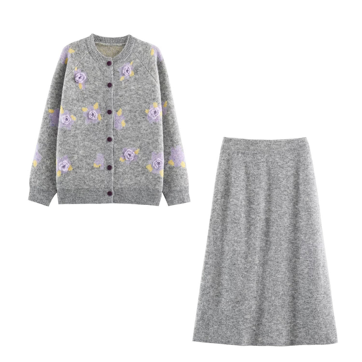 Women's Fine Knit Two-Piece Cardigan with Floral Jacquard and Tailored A-Line Knit Skirt EVA-US