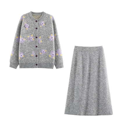 Women's Fine Knit Two-Piece Cardigan with Floral Jacquard and Tailored A-Line Knit Skirt EVA-US