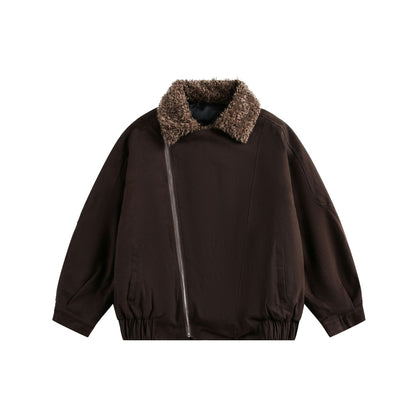Men's short pilot-style jacket with generous teddy fur collar and elastic waistband.