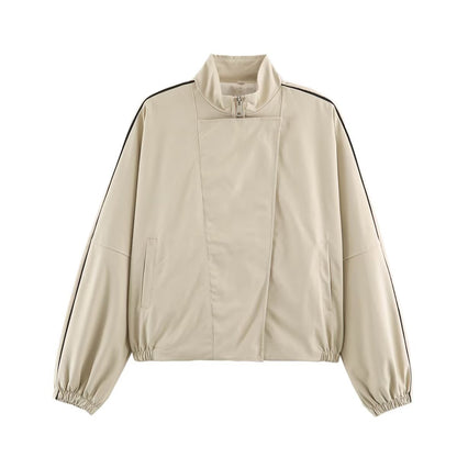 Women's Oversize Bomber Jacket in Blouson Style with High Stand-Up Collar, Concealed Zipper and Contrast Piping EVA-US