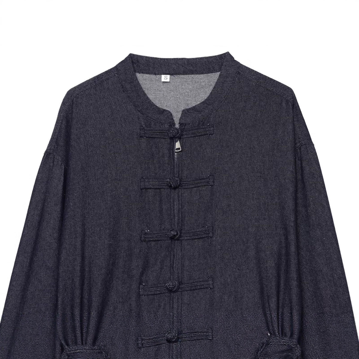Women's Cropped Jeans Jacket in China Style with Mandarin Collars and Knot Closures EVA-US