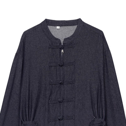 Women's Cropped Jeans Jacket in China Style with Mandarin Collars and Knot Closures EVA-US