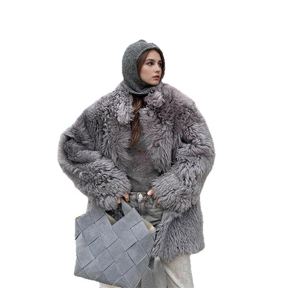Women's Short Oversize Faux Fur Coat with Voluminous Curly Texture and Button Closure EVA-US