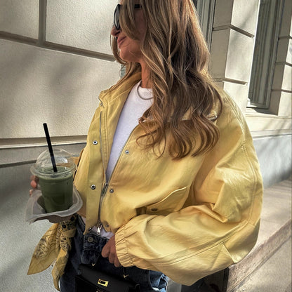 Women's Short Satin Look Bomber Jacket with Zipper, Snap Buttons & Elastic Cuffs EVA-US