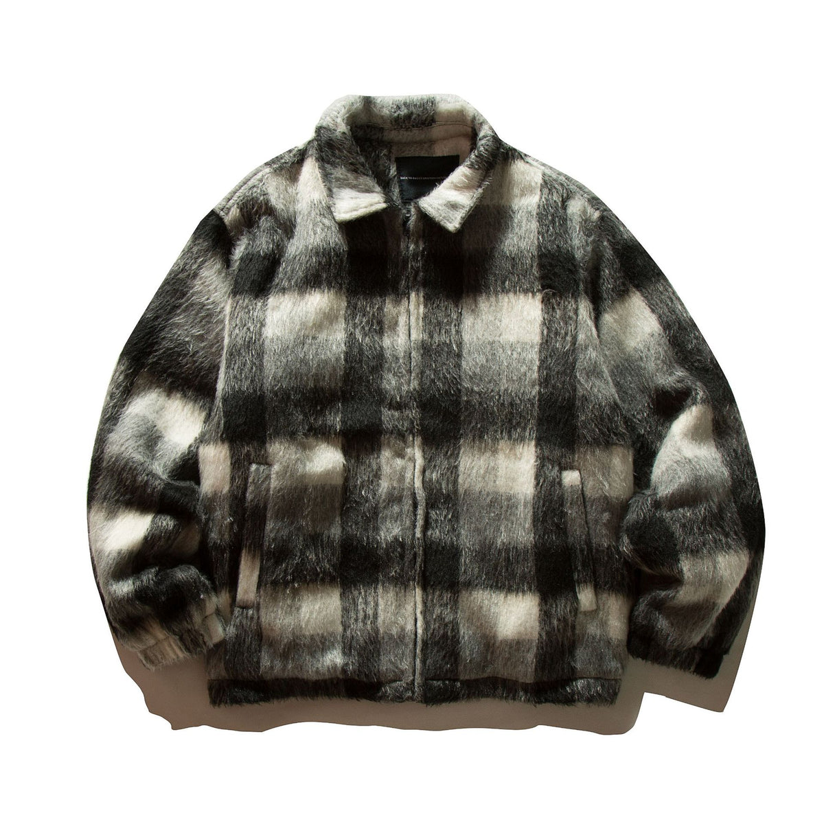 Unisex Short-cut checkered faux fur bomber jacket with stand-up collar and concealed zipper EVA-US