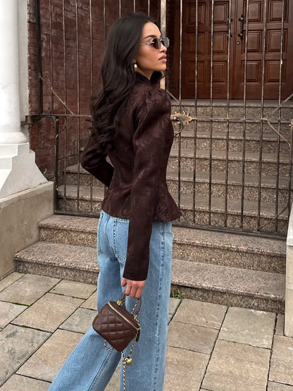 Women Tailored Jacquard Blazer with Stand Collar, Puff Sleeves and Peplum EVA-US
