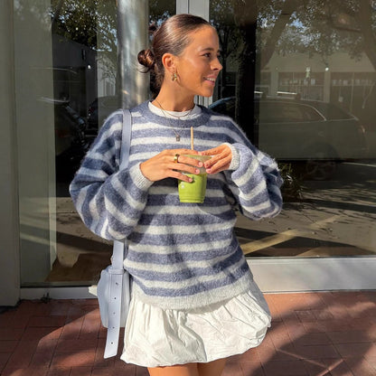 Women Striped Mohair Mix Oversize Sweater with Balloon Sleeves EVA-US