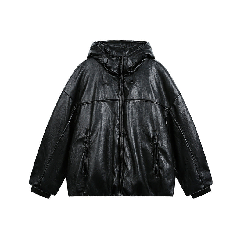 Men's Oversized Faux Leather Jacket with Hood and Zipper EVA-US