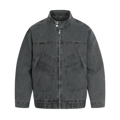 Men's short-cut field bomber in vintage canvas with stand-up collar and large flap pockets