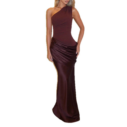 Women's Elegant One-Shoulder Maxi Dress with Refined Draping Details