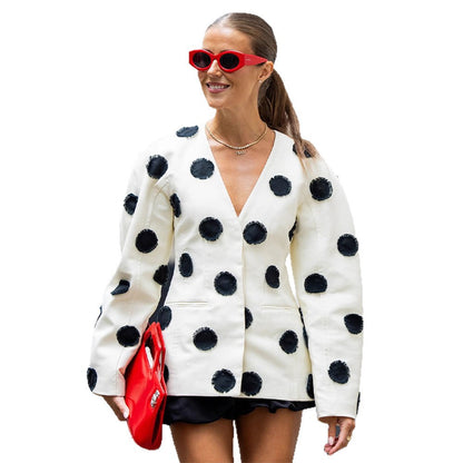 Women Tailored Blazer with Deep V-Neck, Voluminous Sleeves, and Polka Dot Applications EVA-US