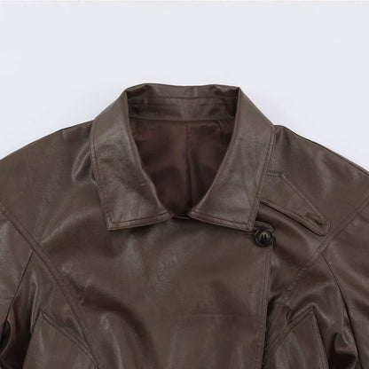 Women Tailored Leather Look Jacket with Asymmetrical Button Placket and Ties Belt EVA-US