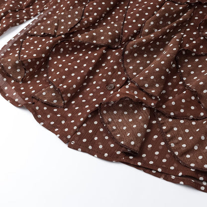 Women's semi-transparent chiffon blouse with dots, ruffle details and bow collar EVA-US