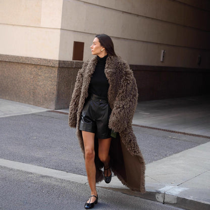 Women's Maxi Long Curly Teddy Coat in Sheepskin Look EVA-US