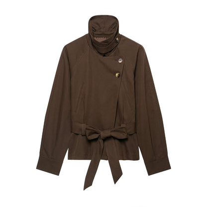 Women's short trench coat with high stand-up collar, tie belt, and asymmetrical button placket EVA-US
