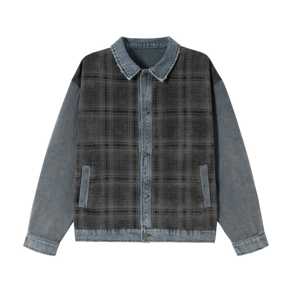 Unisex Boxy Denim Jacket with Checkered Front Panel, Contrasting Denim Sleeves and Snap Button Placket EVA-US