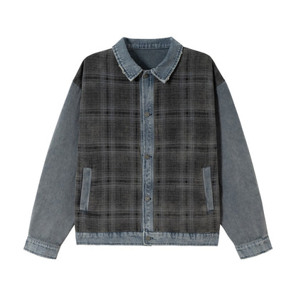 Unisex Boxy Denim Jacket with Checkered Front Panel, Contrasting Denim Sleeves and Snap Button Placket EVA-US