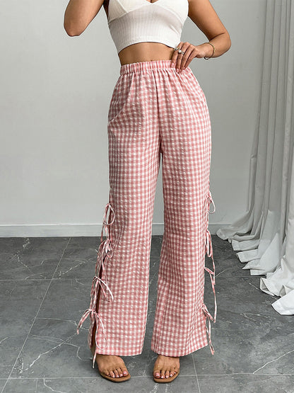 Women High-Waist Linen-Look Pants with Gingham Check, Wide Leg & Side Tie Details EVA-US