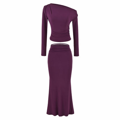 Women's One-Shoulder Two-Piece Set with Ruched Crop Top and Fitted Maxi Skirt EVA-US