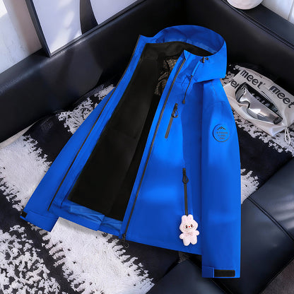 Women Lightweight Waterproof Hooded Jacket with Teddy Charm and Concealed Zipper Pockets EVA-US