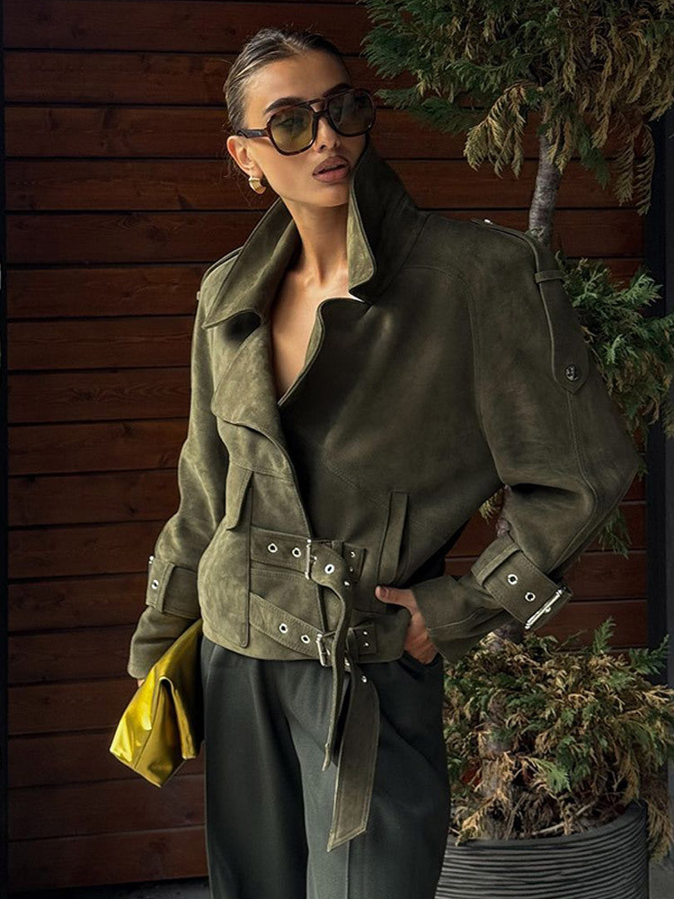 Ladies short jacket made of suede look with waist belt, buckles & oversized collar EVA-US