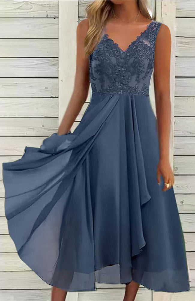 Women's elegant evening midi dress with embroidered lace bodice, tailored draping, and flowing layered skirt